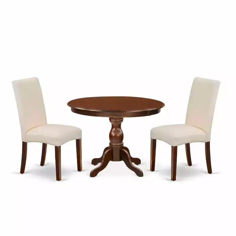 3-Piece Mahogany Finish Solid Wood Top - Round Dining Room Set with High Back - Seats 4