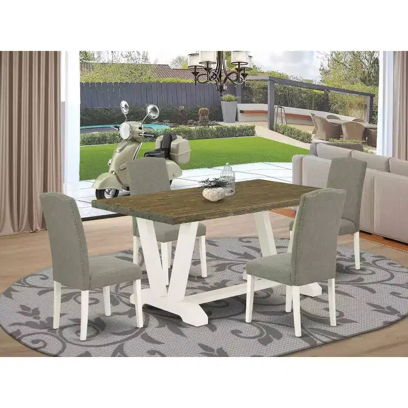 Table de salle à manger à plateau en bois massif finition jacobéenne vieillie, 5 pièces, avec 4 chaises Parson