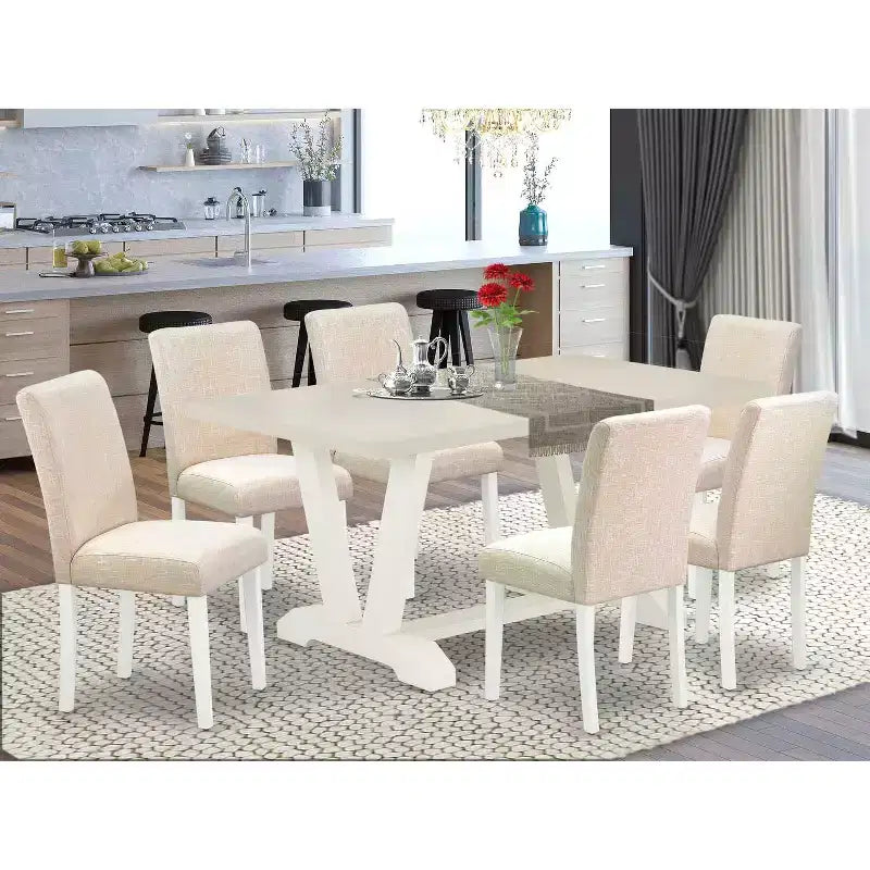 HomeStock Table de salle à manger rectangulaire en bois massif finition chêne naturel 7 pièces avec 6 chaises Parson