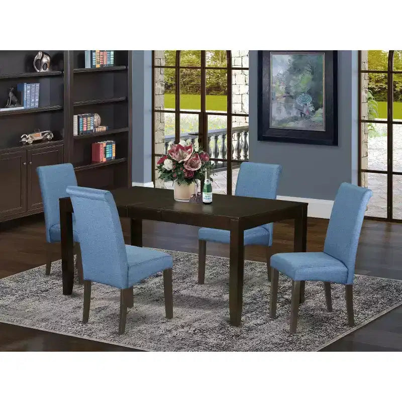 Ensemble Table de Cuisine 5 Pièces Chaises Bleu Lin Pieds Cappuccino Meubles de Salle à Manger