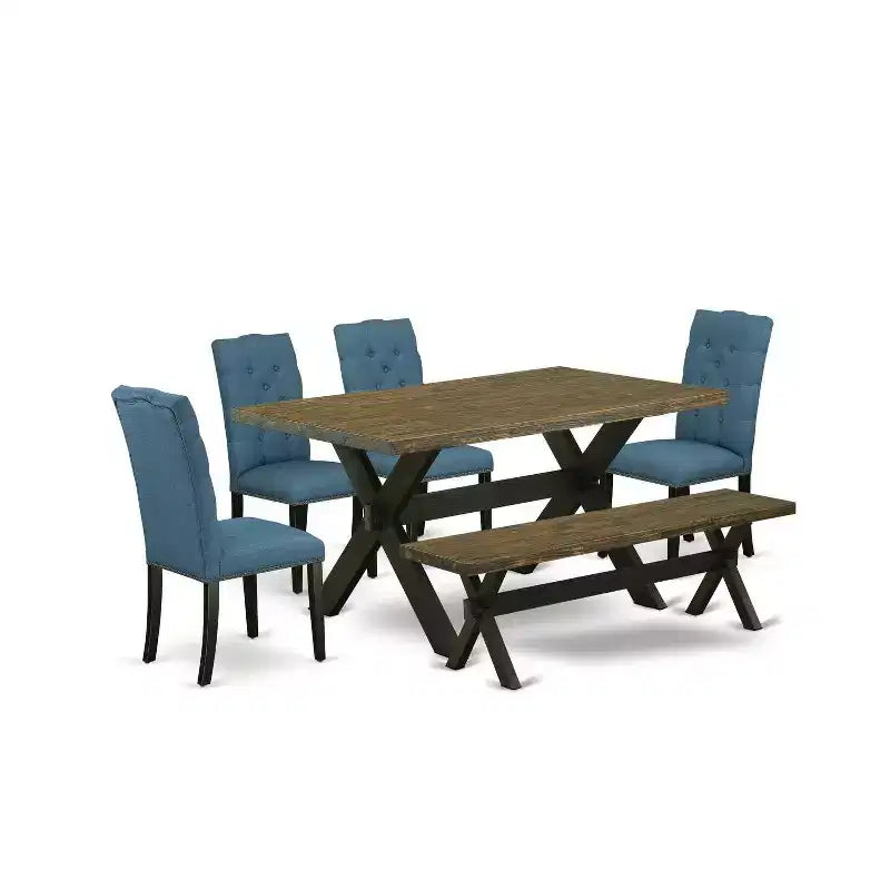6-Piece Rectangle Distressed Jacobean Finish Solid Wood Top Dining Table with 1-Bench, 4-Chairs with