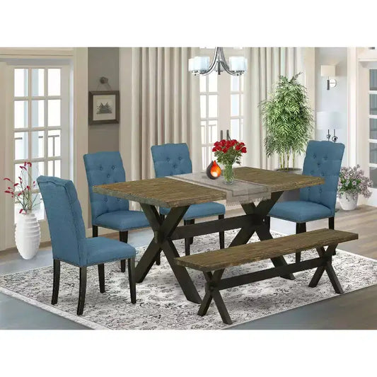 Table à manger en bois massif 6 pièces à plateau rectangulaire, finition jacobine patinée, avec 1 banc et 4 chaises