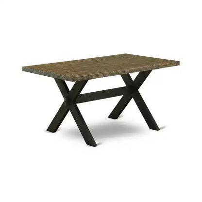 Table à manger en bois massif 6 pièces à plateau rectangulaire, finition jacobine patinée, avec 1 banc et 4 chaises