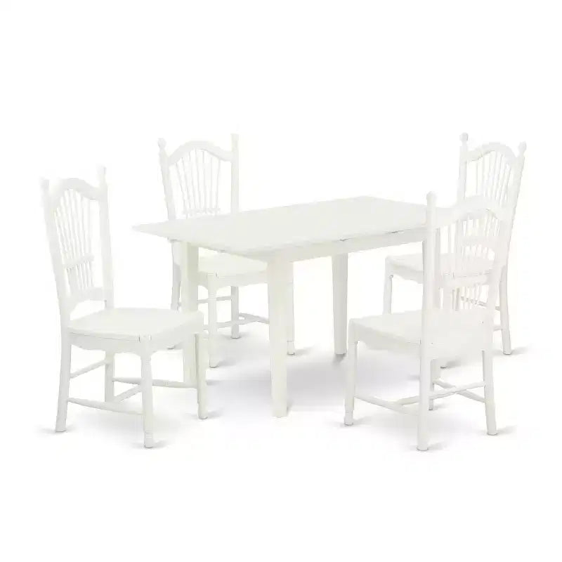 HomeStock 5-Pc Linen White Finish Solid Wood Top - Rectangular Dining Room Set with Butterfly Leaf - Seats 4