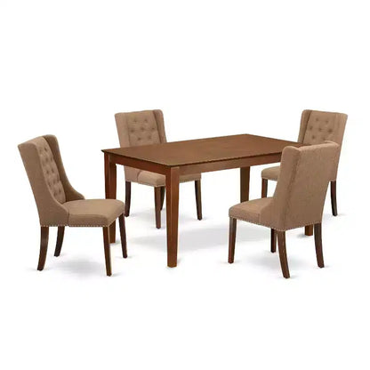 5-Piece Mahogany Finish Solid Wood Top - Rectangular Button Tufted Dining Room Set - Seats 4