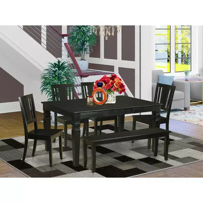 HomeStock Table à manger 6 pièces rectangulaire à plateau en bois massif finition noire avec 1 banc et 4 chaises