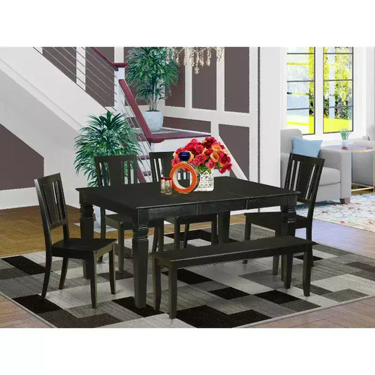 HomeStock Table à manger 6 pièces rectangulaire à plateau en bois massif finition noire avec 1 banc et 4 chaises