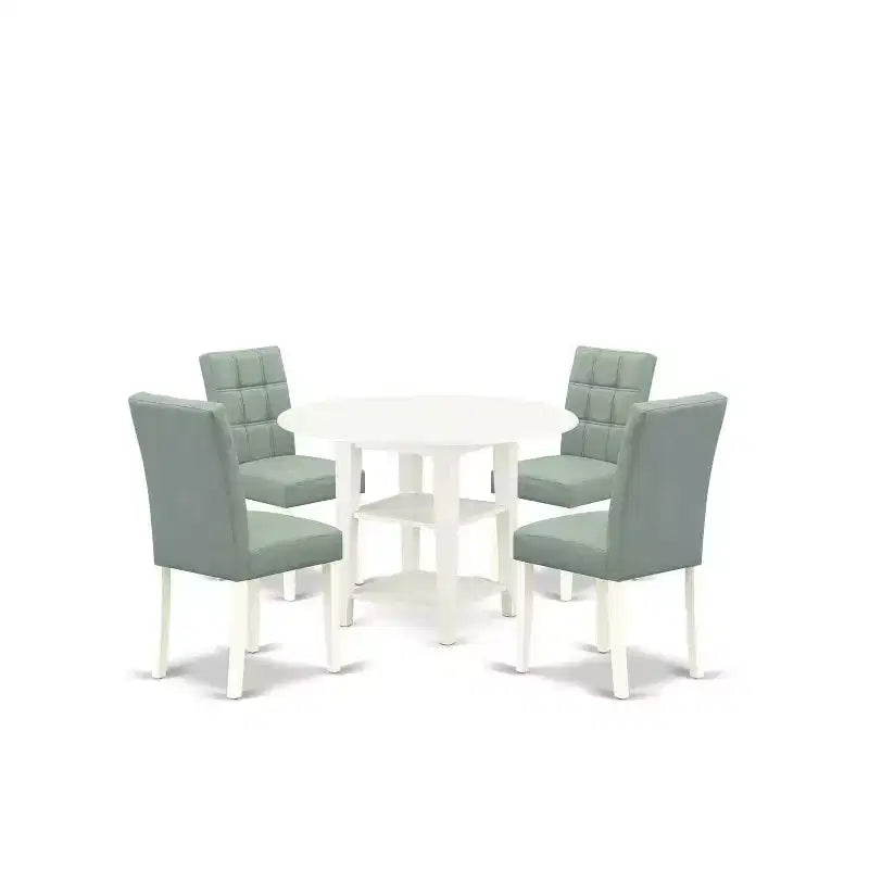 5-Piece Linen White Finish Solid Wood Top - Round Dining Room Set - Seats 4