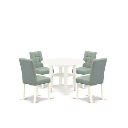 5-Piece Linen White Finish Solid Wood Top - Round Dining Room Set - Seats 4