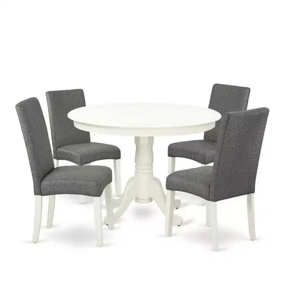 Round Dinette Set 5Pc - 42 Inch Table & 4 Chairs - City Sleek Design - Linen White Legs - Gray Fabric