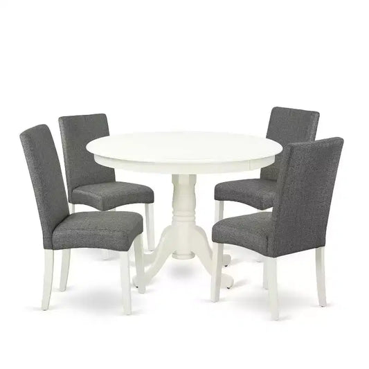 Round Dinette Set 5Pc - 42 Inch Table & 4 Chairs - City Sleek Design - Linen White Legs - Gray Fabric
