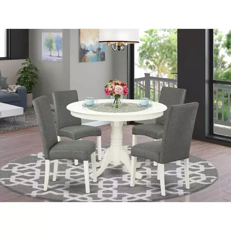 Ensemble de salle à manger rond 5 pièces - Table de 42 pouces et 4 chaises - Design épuré "City Sleek" - Pieds blancs "Linen White" - Tissu gris
