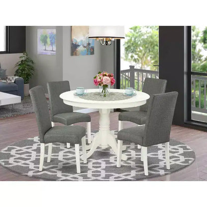 Ensemble de salle à manger rond 5 pièces - Table de 42 pouces et 4 chaises - Design épuré "City Sleek" - Pieds blancs "Linen White" - Tissu gris