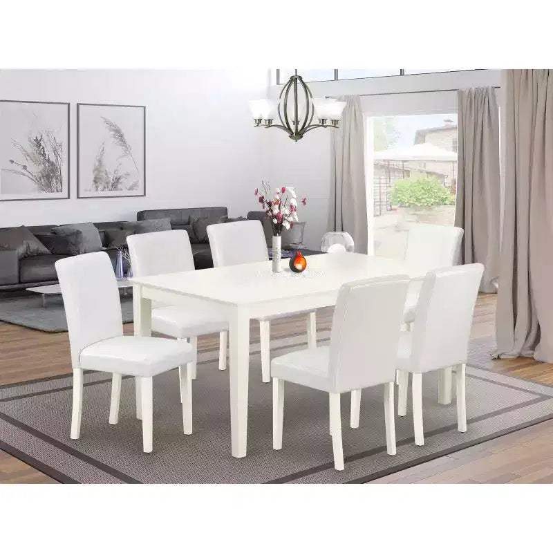 HomeStock Table de salle à manger 7 pièces rectangulaire en lin blanc, plateau en bois massif, avec 6 chaises Parson