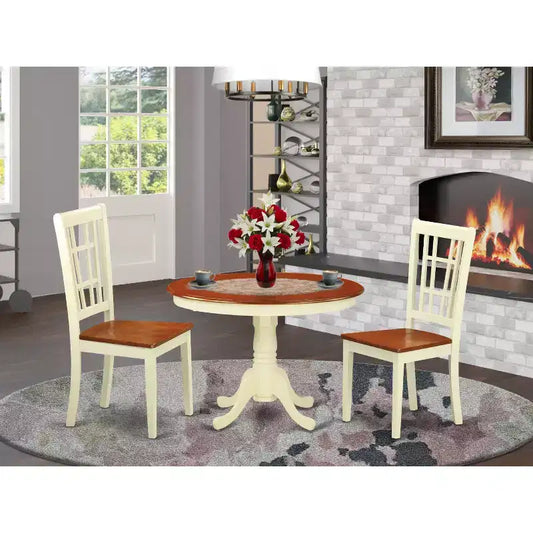Ensemble de salle à manger rond 3 pièces HomeStock en bois massif couleur crème et cerisier – 4 places