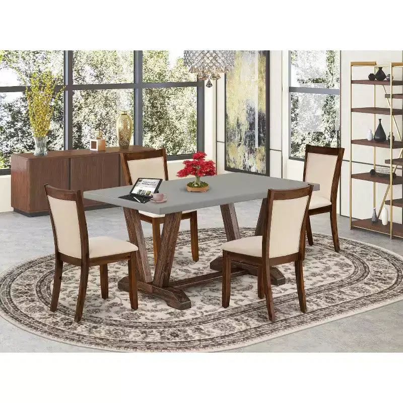 Table de salle à manger HomeStock 5 pièces, dessus en bois massif, fini jacobéen vieilli, avec 4 chaises Parsons