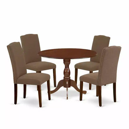 5-Piece Mahogany Finish Solid Wood Top Dining Table with 4 Upholstered Chairs with Drop Leaf