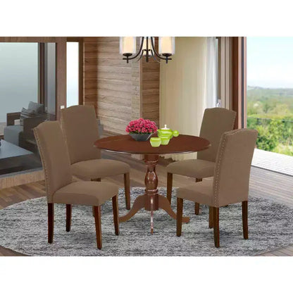 Table de salle à manger 5 pièces en bois massif finition acajou avec 4 chaises rembourrées et plateau à rabats