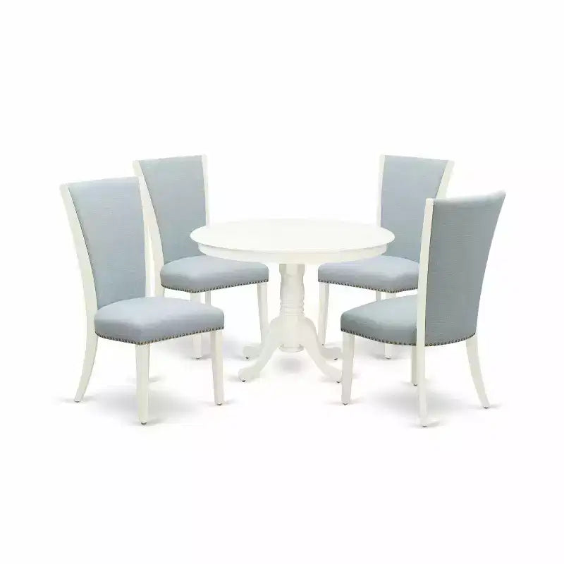 HomeStock 5-Piece Linen White Finish Solid Wood Top Dining Table with 4 Parson Chair