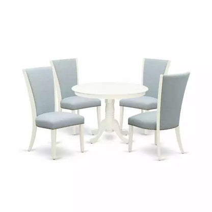 HomeStock 5-Piece Linen White Finish Solid Wood Top Dining Table with 4 Parson Chair