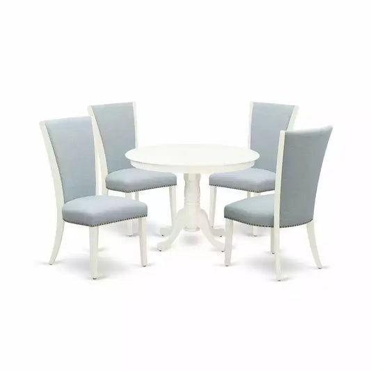 HomeStock 5-Piece Linen White Finish Solid Wood Top Dining Table with 4 Parson Chair