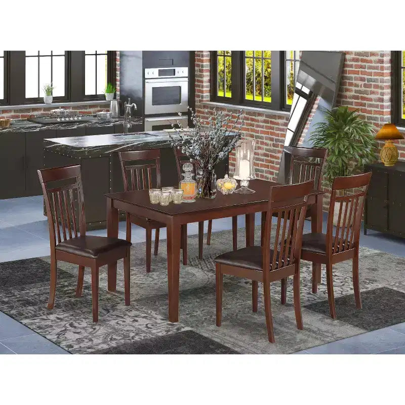 Table à manger rectangulaire 7 pièces HomeStock avec plateau en bois massif finition cappuccino et 6 chaises