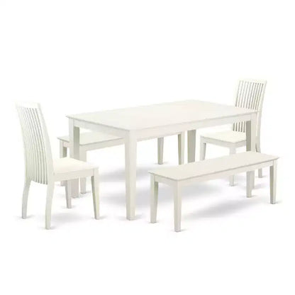 HomeStock 5-Piece Rectangle Linen White Finish Solid Wood Top Dining Table with 2 Benches, 2 Chairs