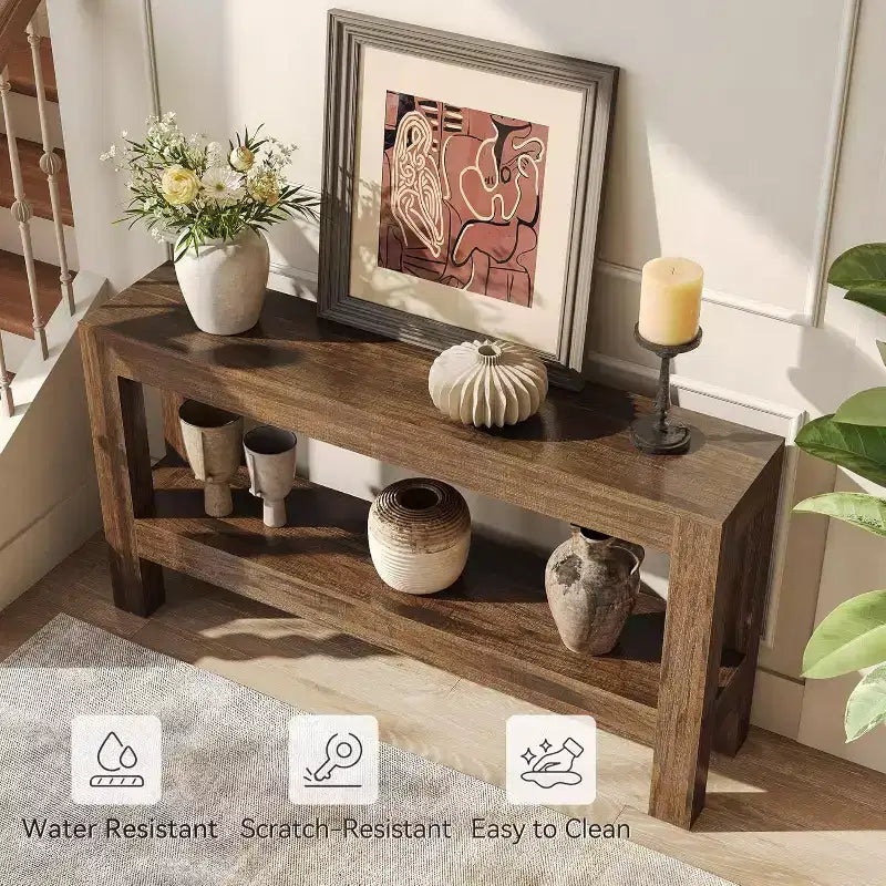 Table d'entrée en bois Lantine de 63 pouces, longue table console de ferme pour salon, couloir, entrée, foyer, derrière le canapé avec étagères à 2 niveaux