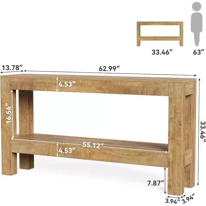 Table d'entrée en bois Lantine de 63 pouces, longue table console de ferme pour salon, couloir, entrée, foyer, derrière le canapé avec étagères à 2 niveaux