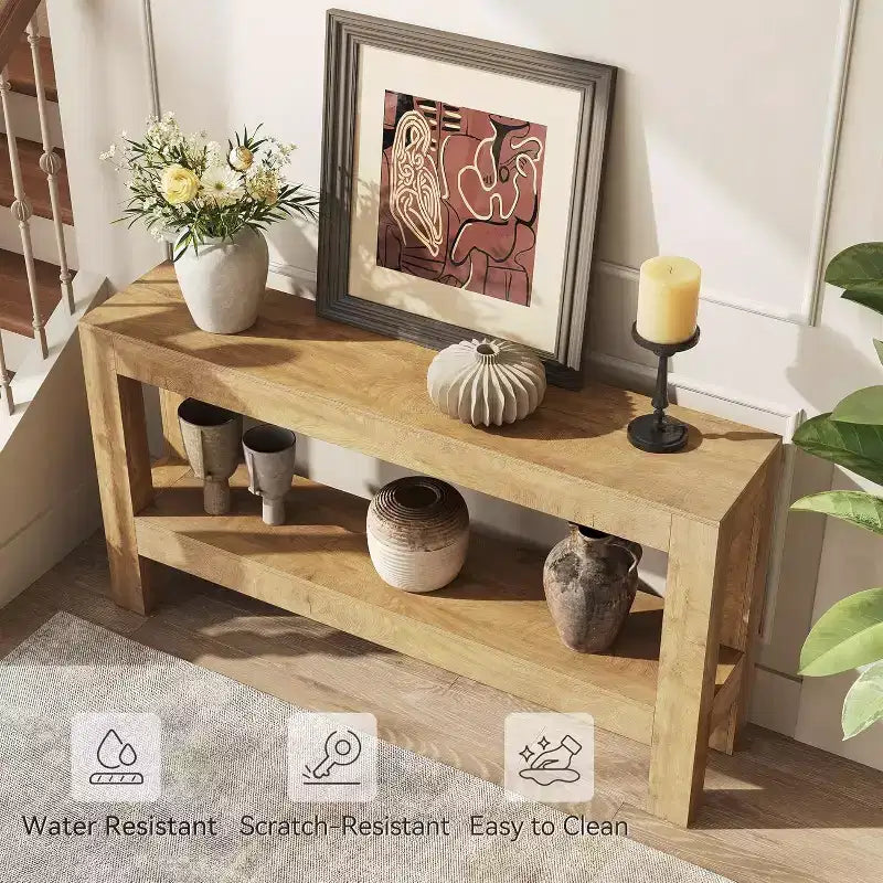 Table d'entrée en bois Lantine de 63 pouces, longue table console de ferme pour salon, couloir, entrée, foyer, derrière le canapé avec étagères à 2 niveaux