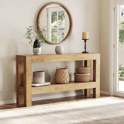 Table d'entrée en bois Lantine de 63 pouces, longue table console de ferme pour salon, couloir, entrée, foyer, derrière le canapé avec étagères à 2 niveaux