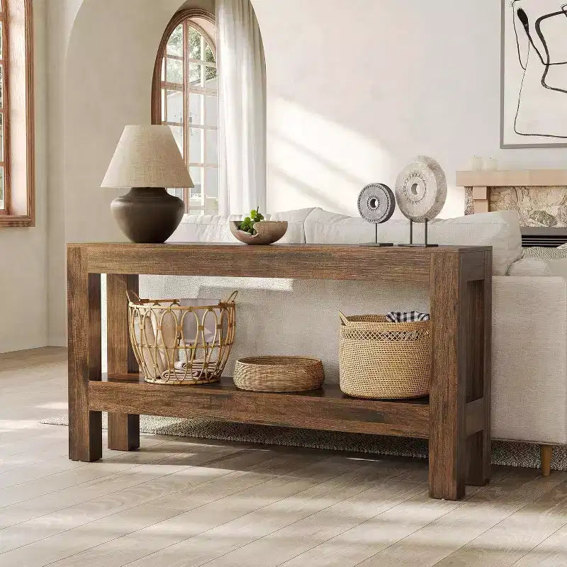 Table d'entrée en bois Lantine de 63 pouces, longue table console de ferme pour salon, couloir, entrée, foyer, derrière le canapé avec étagères à 2 niveaux