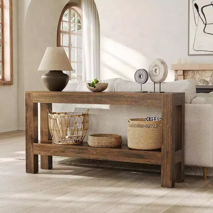 Table d'entrée en bois Lantine de 63 pouces, longue table console de ferme pour salon, couloir, entrée, foyer, derrière le canapé avec étagères à 2 niveaux
