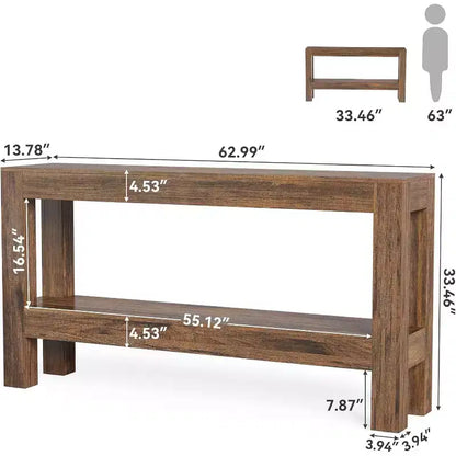 Table d'entrée en bois Lantine de 63 pouces, longue table console de ferme pour salon, couloir, entrée, foyer, derrière le canapé avec étagères à 2 niveaux