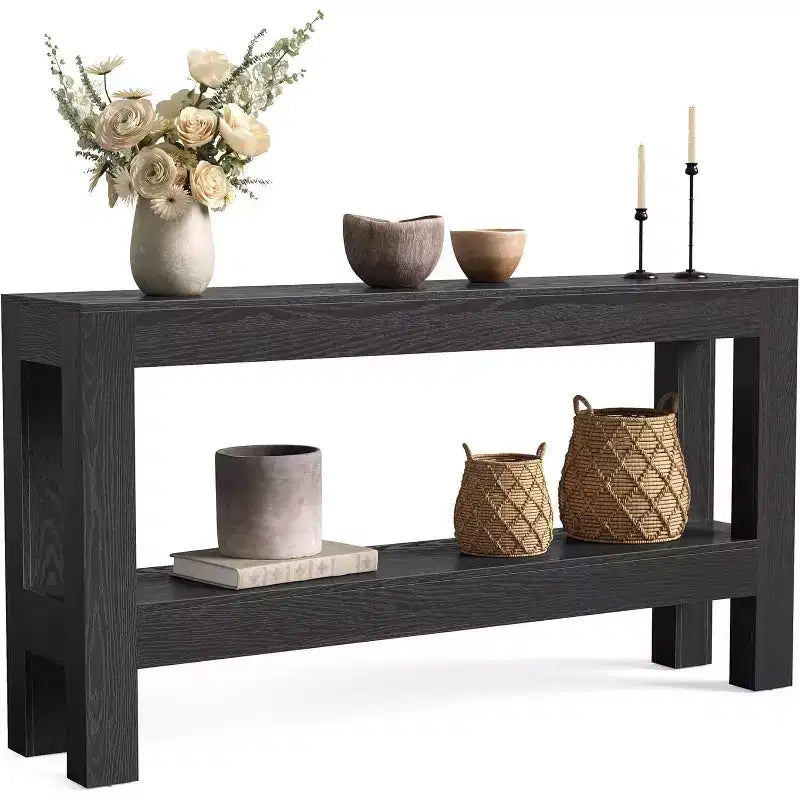 Table d'entrée en bois Lantine de 63 pouces, longue table console de ferme pour salon, couloir, entrée, foyer, derrière le canapé avec étagères à 2 niveaux