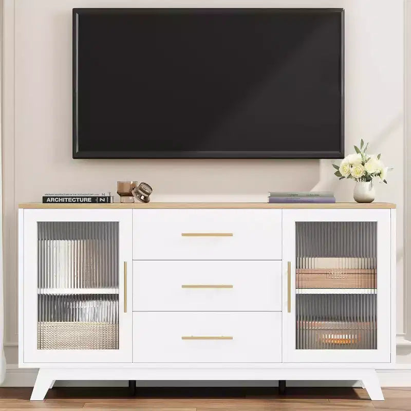 Acekool 56,3 pouces Desserte avec portes en verre cannelé et poignées dorées, meuble de rangement réglable, console multifonction pour salle à manger et cuisine