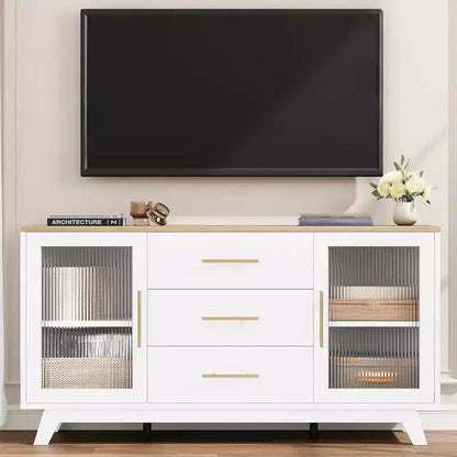 Acekool 56,3 pouces Desserte avec portes en verre cannelé et poignées dorées, meuble de rangement réglable, console multifonction pour salle à manger et cuisine