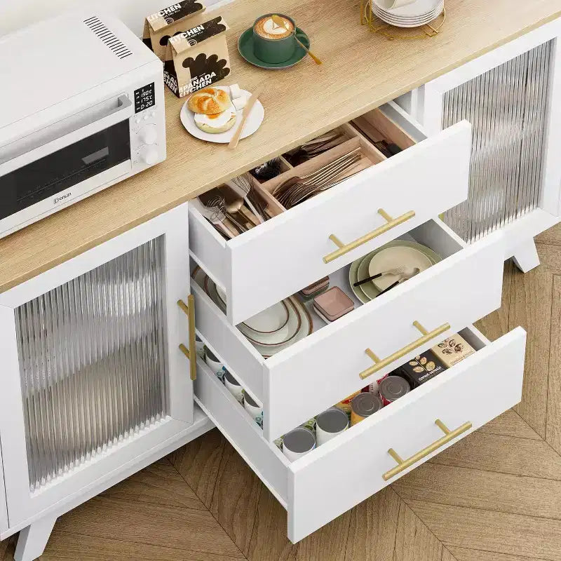 Acekool 56,3 pouces Desserte avec portes en verre cannelé et poignées dorées, meuble de rangement réglable, console multifonction pour salle à manger et cuisine