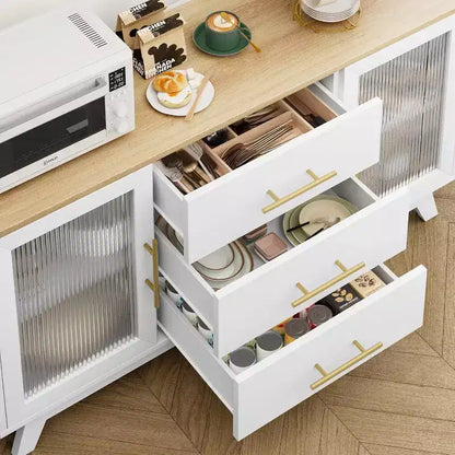 Acekool 56,3 pouces Desserte avec portes en verre cannelé et poignées dorées, meuble de rangement réglable, console multifonction pour salle à manger et cuisine