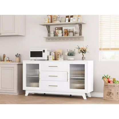 Acekool 56,3 pouces Desserte avec portes en verre cannelé et poignées dorées, meuble de rangement réglable, console multifonction pour salle à manger et cuisine