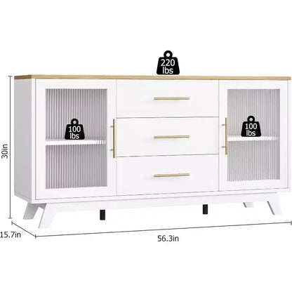 Acekool 56,3 pouces Desserte avec portes en verre cannelé et poignées dorées, meuble de rangement réglable, console multifonction pour salle à manger et cuisine