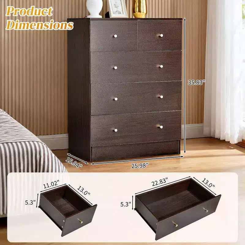 Commode à 5 tiroirs Karl Home pour chambre à coucher et commode avec construction robuste, organisateur de rangement en bois pour placard marron