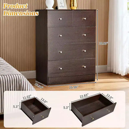 Commode à 5 tiroirs Karl Home pour chambre à coucher et commode avec construction robuste, organisateur de rangement en bois pour placard marron