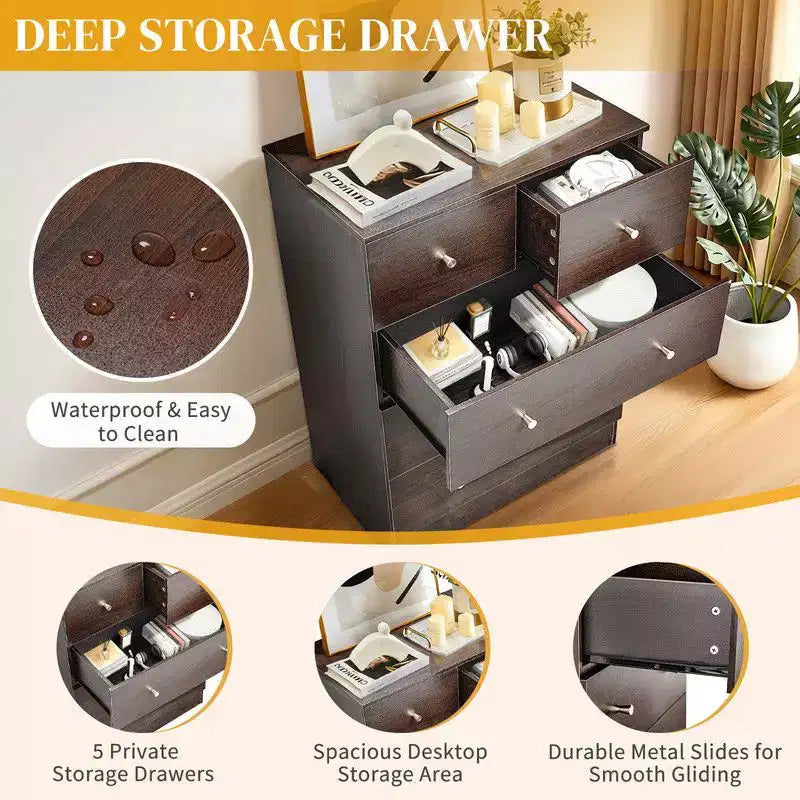 Commode à 5 tiroirs Karl Home pour chambre à coucher et commode avec construction robuste, organisateur de rangement en bois pour placard marron