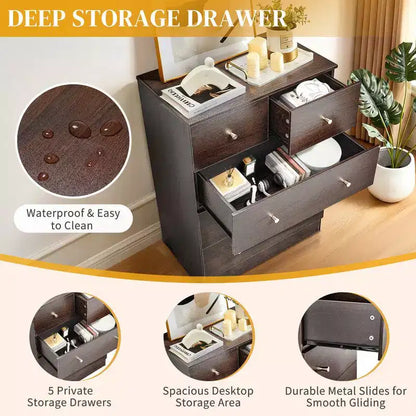 Commode à 5 tiroirs Karl Home pour chambre à coucher et commode avec construction robuste, organisateur de rangement en bois pour placard marron