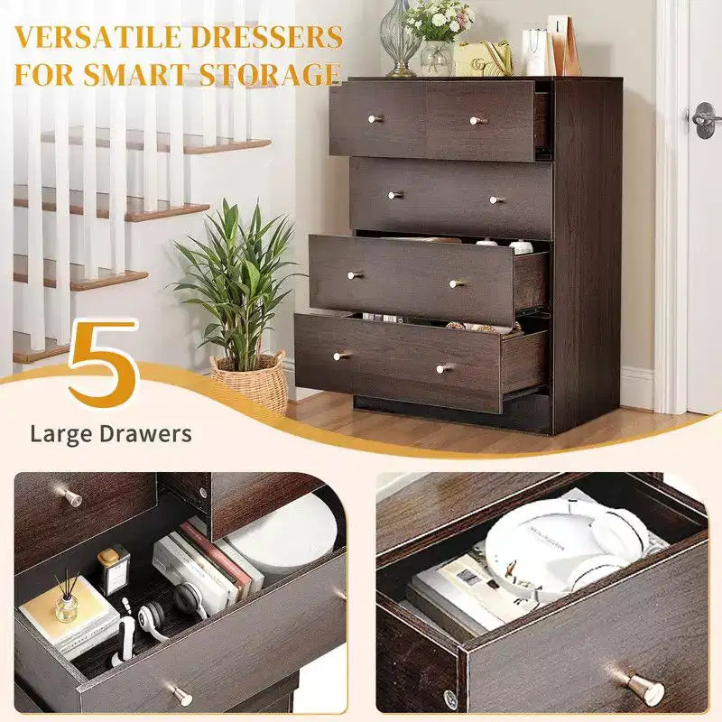Commode à 5 tiroirs Karl Home pour chambre à coucher et commode avec construction robuste, organisateur de rangement en bois pour placard marron