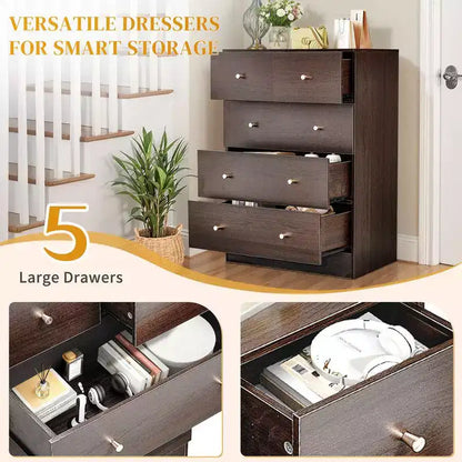 Commode à 5 tiroirs Karl Home pour chambre à coucher et commode avec construction robuste, organisateur de rangement en bois pour placard marron