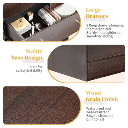 Commode à 5 tiroirs Karl Home pour chambre à coucher et commode avec construction robuste, organisateur de rangement en bois pour placard marron