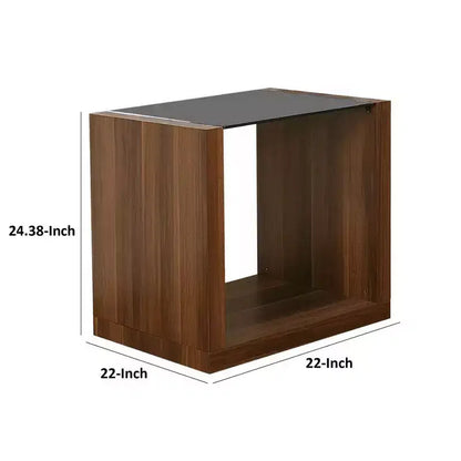 Table d'appoint Royal Hampton de 24 pouces, dessus en verre noir, étagère inférieure ouverte, bois marron