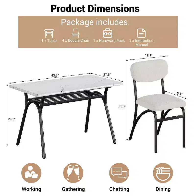 Ensemble de salle à manger 4 pièces avec chaises en tissu bouclé, table rectangulaire effet marbre avec 4 fauteuils rembourrés, ensemble de cuisine compact pour petits espaces